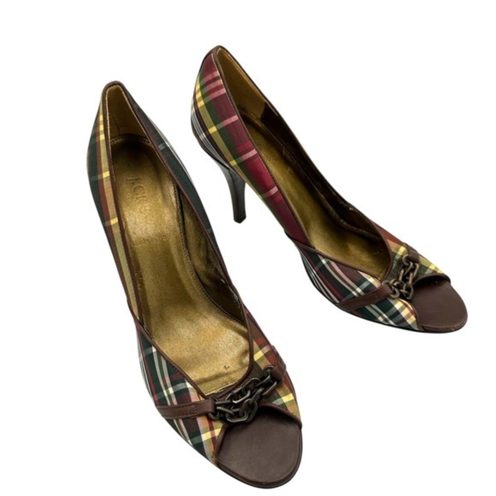 J.‎ Crew Plaid Peep Toe Heels Brown Red Green Chain Detail Stiletto Size 9.5